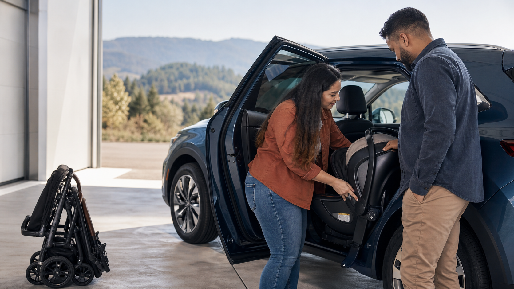Two parents test fit a rear-facing infant car seat in the second row of a family SUV